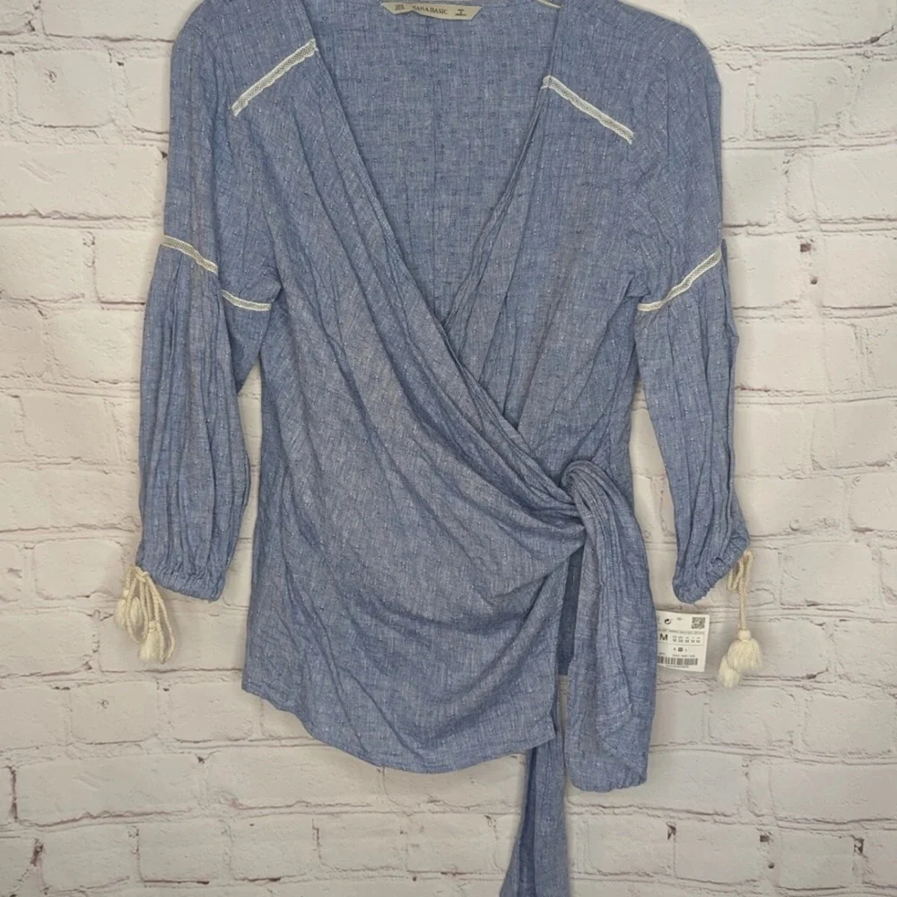 Zara Light Blue Chambray Wrap Blouse